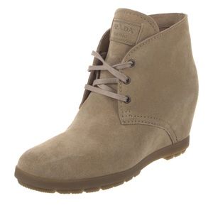 Prada Beige Suede Lace-Up Wedge Booties
